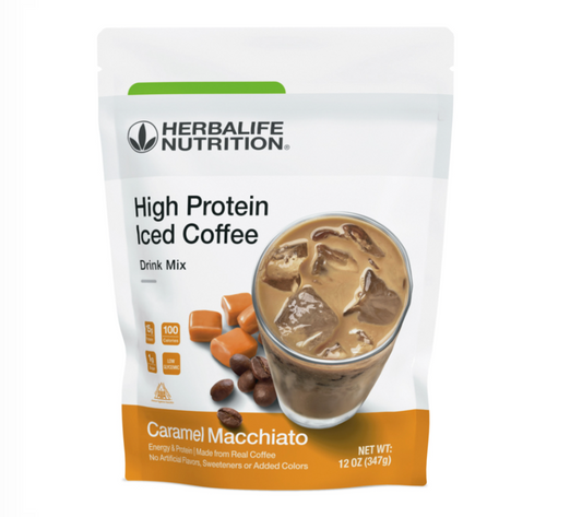High Protein Iced Coffee: Caramel Macchiato